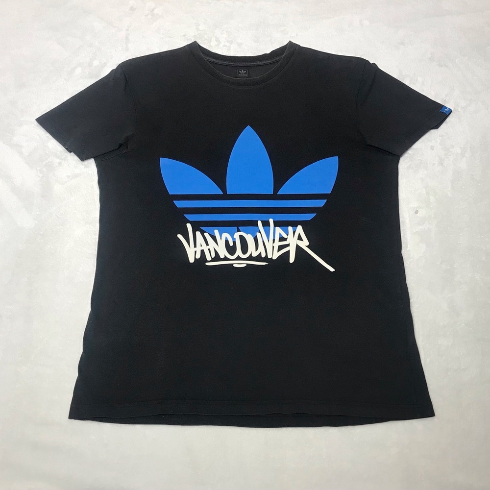 Adidas Black T‑Shirt with Blue Trefoil and Vancouver Script